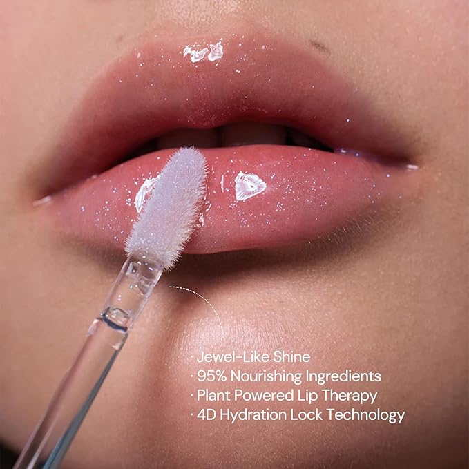 Flower Knows Shell's Jewel Nourishing Lip Glaze,Hydrating Clear Lip Gloss with Hyaluronic,Shimmer Moisturizing Plumping Oil,Non-Sticky Formula,0.16 fl.oz(P06 Lunar Jelly)