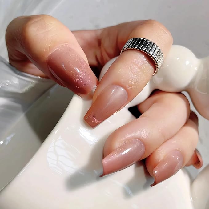 Mauve Pink Press On Nails Coffin Medium – 24pcs Cat Eye French Fake Nails with Nail Glue, Adhesive Tabs & Tools – Soft Fit Back, Durable Tip, Reusable Glossy Stick On Nails for Women