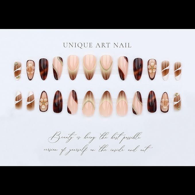 Long Almond Shape Press on Nails Luxury Fake Nails with Floral Design and Gold Accents Stick on Nail for Women 24pcs