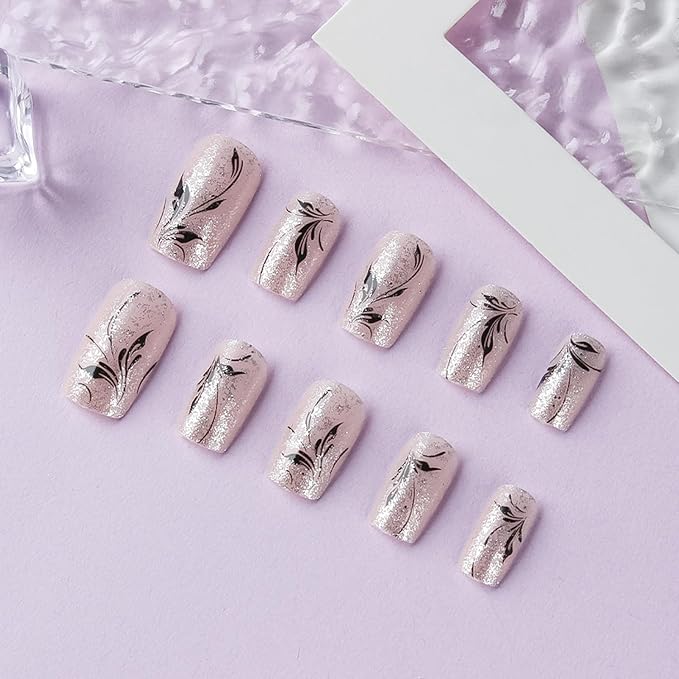 Fall Leaves Press on Nails Short Square False Nails With Glitter Design Full Cover Glue on Nail Reusable Black Leaves Acrylic Fake Nails Glossy Artificial Stick on Nail for Women