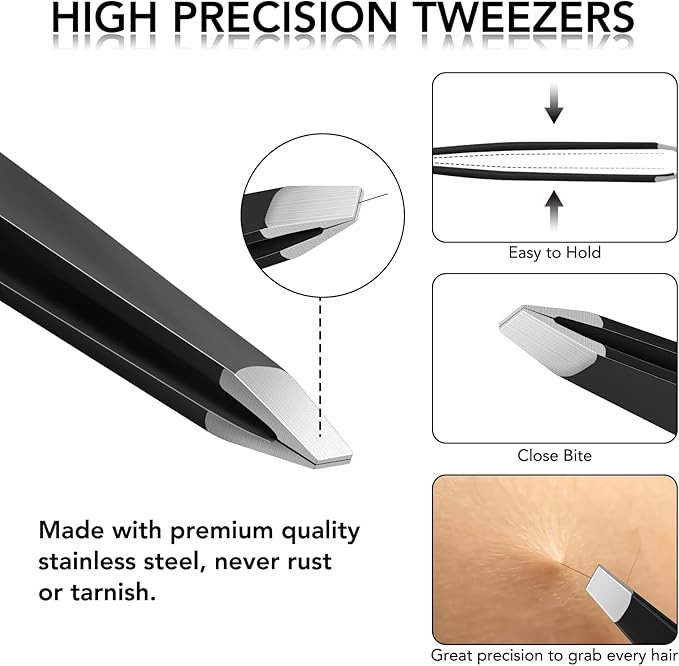 Tweezers Set for Facial Hair Women, 8Pcs Precision Eyebrow Tweezer Nail Clipper Set Eyebrow Pluckers Men for Ingrown Hair Removal(Black)