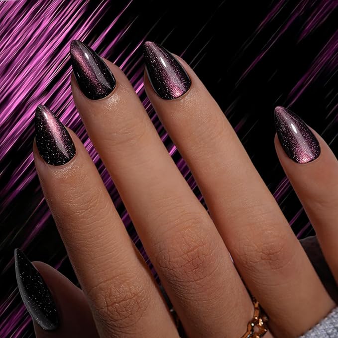KQueenest Cat Eye Press On Nails Short Almond, Acrylic Press On Nails with Glue, Sparkle Pink Black Fake Nails Stiletto, Soft Gel Glue On Nails for Woman, Long-Lasting Glitter Effect, 30 Pcs