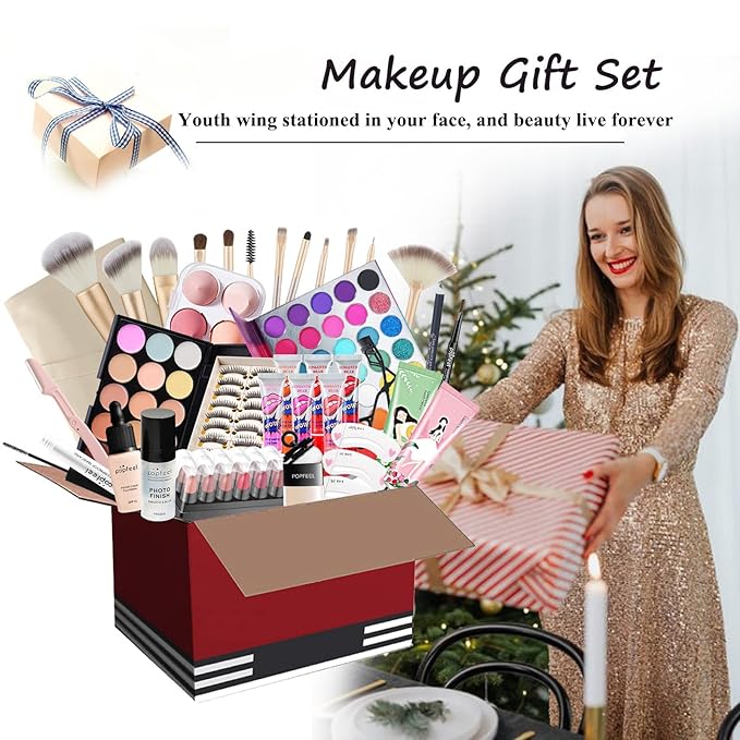 Pure Vie All-in-One Holiday Gift Surprise Makeup Set Essential Starter Bundle Include Eyeshadow Palette Lipstick Concealer Blush Mascara Eyeliner Face Powder Lipgloss Brush - Full Makeup Kit for Women