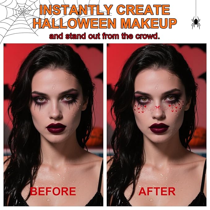 10PCS Halloween Glitter Freckles Face Tattoo, Sparkle Freckles for Women and Kids, Cute Star Waterproof Gold Temporary Face Tattoos Glitter Glow Up Patches (10PCS Red)