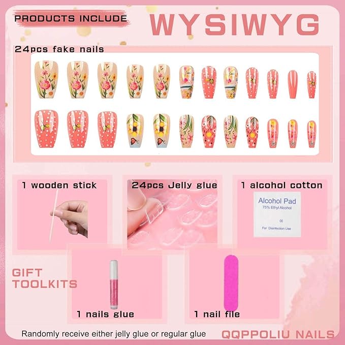 Medium Coffin Press on Nails with Flower Design Cute False Nails Pink Fake Nails Gift for Women 24pcs Kit