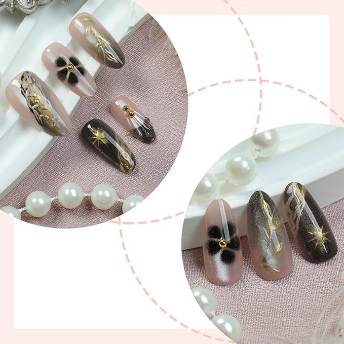 24Pcs Flower Press on Nails Medium Almond French Tip Fake Nails Night Sky with Gilding Star Leaves Design 3D Gold Gems False Nails Full Cover Artificial Glue on Nails Handmade Stick on Nail for Women