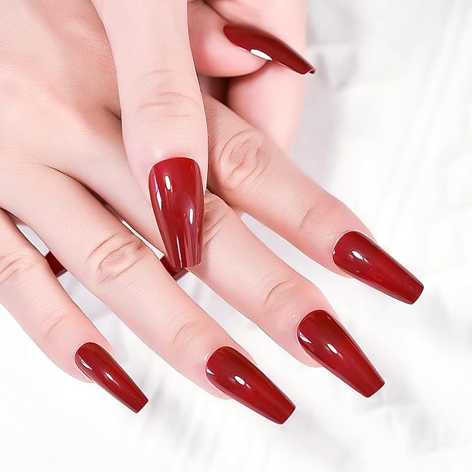 Glossy Red Press on Nails Long Coffin False Nails Faux Ongles Reusable Solid Color Nail Art Tips Salon DIY Manicure Acrylic Fake Nails Gifts for Women Girls