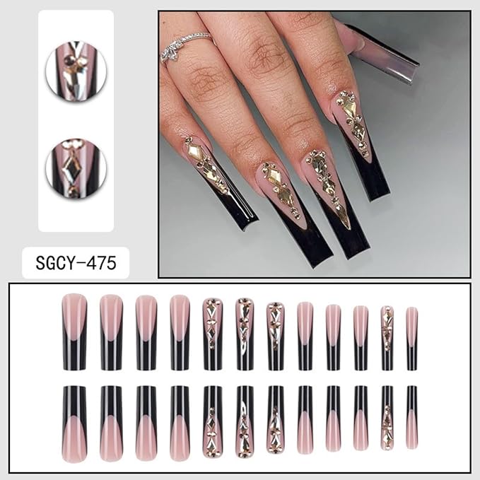 Square Press on Nails Long Fake Nails Extra Long Black Artificial Nail with Rhinestone Designs French Stick on Nail for Women 24pcs