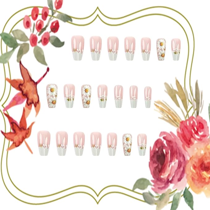 Flower Press on Nails Medium Ballet Shaped White Daisy Pattern Design French Tip Press Ons Stick on Nail Full Cover Artificial Spring Summer False Nail Acrylic Glue on Nails for Women 24Pcs