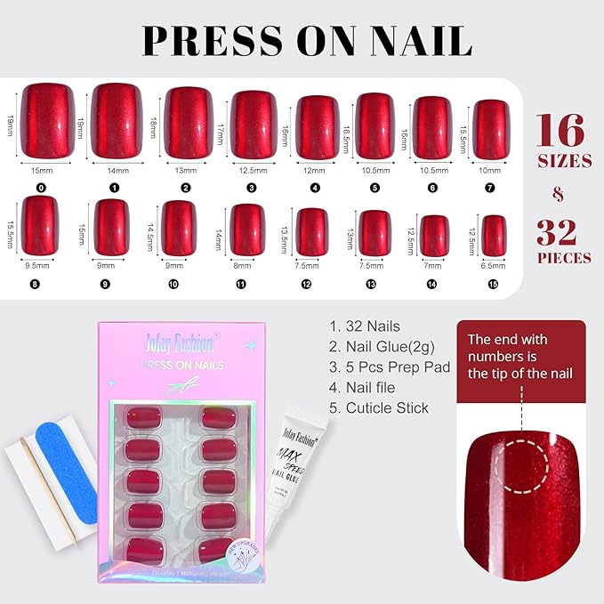 Red Press on Nails Short, Jofay Fashion Soft Gel Fake Nails, Cat Eye Press on Nails, Reusable & Natural Acrylic False Nails, Stick on Nails for Women Girls Gift, Glue on Nails Kit 32 Pcs