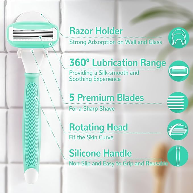 DreamGenius Razors for Women Include 1 Non-Slip Handles and 7 Blade Refills with a Shower Holder, 5 Premium Blades Women's Razors for Shaving with 360° Lubrication Reduces Irritation, Green