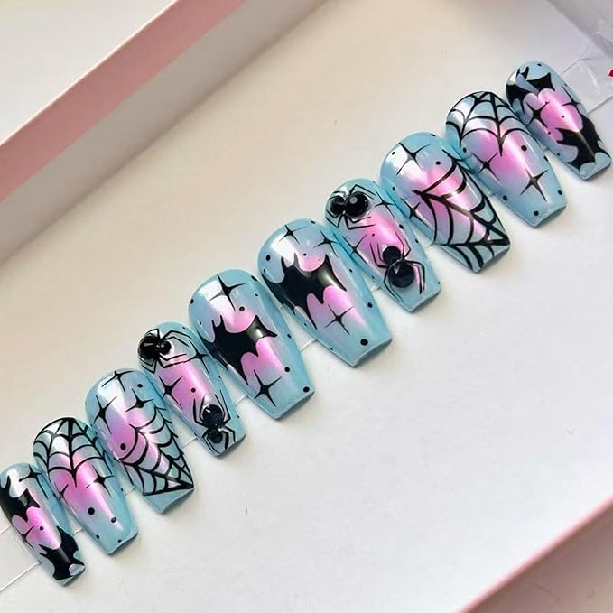 30Pcs Halloween Press on Nails Medium Coffin Chrome White Pink Blue Halloween Fake Nails with 3D Rhinestone Designs Spider Web Bat False Nails Reusable Full Cover Acrylic Glue on Nails for Women