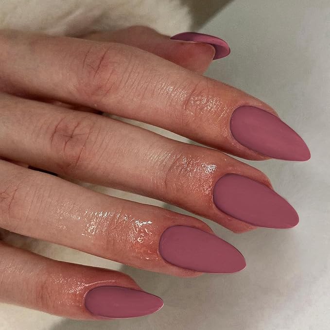 48Pcs Matte Plum Press on Nails Almond Fake Nails Glue on Nails Medium Length Almond Shaped Nails Press ons, Stiletto False Nails for Women, Medium Almond Nails, Thick Natural Acrylic Gel Nails