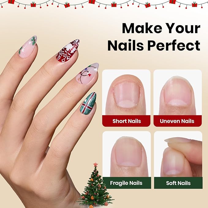 Beetles Gel Nail Tips Etch-X, Almond Short Christmas Limited Set, 288pcs 12 Sizes, Pre-Etched Half Matte Full Cover Soft Acrylic False Nail Tips Almond Shape Easy DIY Extension Salon Gift for Women