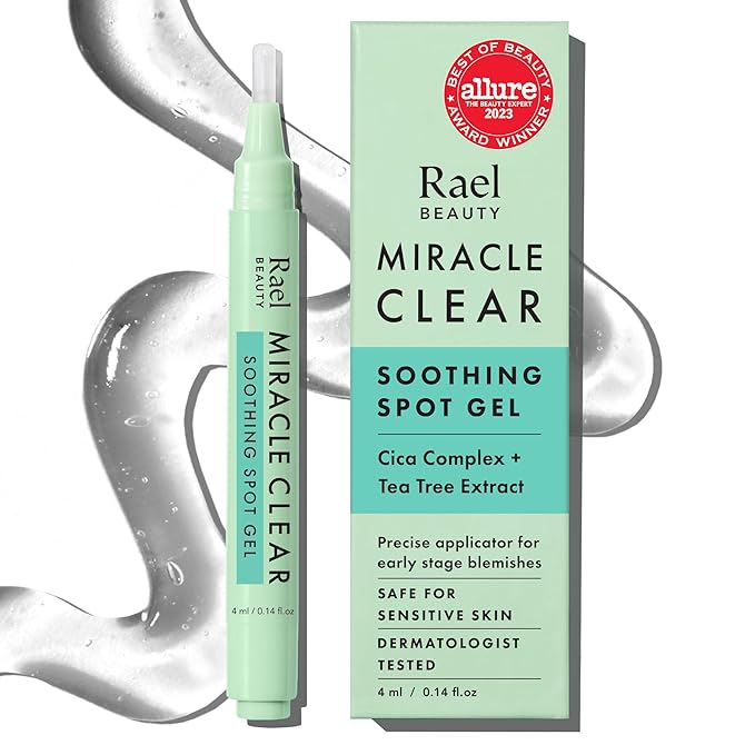 Rael Acne Spot Treatment, Miracle Clear Soothing Spot Gel Pen - Acne Gel, Pimple and Blemish Treatment, Korean Skincare, for Early Stage, Succinic Acid, Tea Tree, Cica, Vegan, Cruelty Free (0.14 oz)