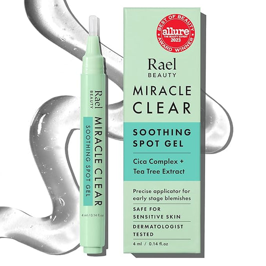Rael Acne Spot Treatment, Miracle Clear Soothing Spot Gel Pen - Acne Gel, Pimple and Blemish Treatment, Korean Skincare, for Early Stage, Succinic Acid, Tea Tree, Cica, Vegan, Cruelty Free (0.14 oz)