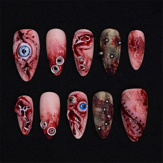 30pcs Horror Halloween Press on Nails Medium Almond Fake Nails with 3D Eyeball Designs Blood False Nails Kit Halloween Acrylic Nails Full Cover Stick on Nail for Women Holiday Nail Decoration