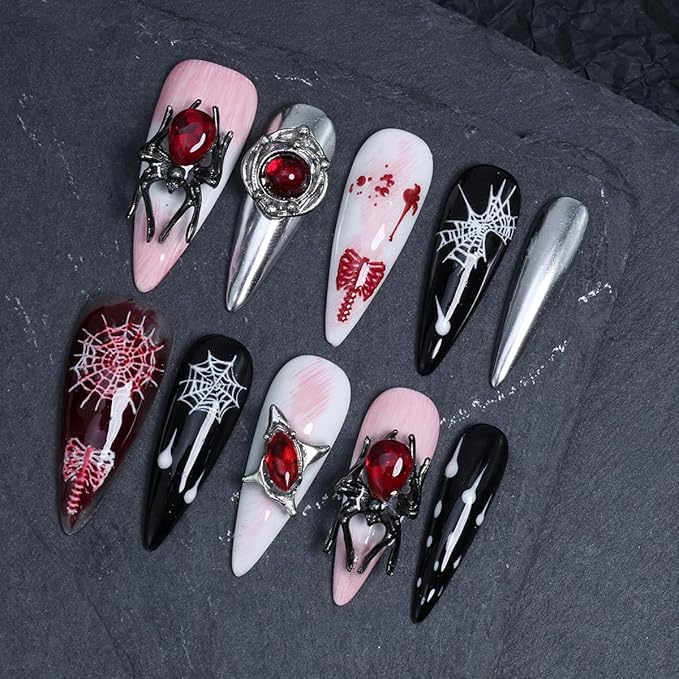 10Pcs Halloween Handmade Press on Nails Long Almond Goth Fake Nails 3D Spider Rhinestones with Spider Web Designs Black Red Press Ons Glue on Nails Horror False Nails for Women Acrylic Manicure Tips