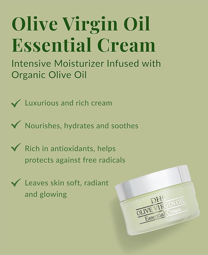 DHC Olive Virgin Oil Essential Cream, Moisturizer, Hydrating, Promotes Skin Elasticity, Radiant, Fragrance and Colorant Free, Ideal for All Skin Types, 1.7 oz. Net wt.