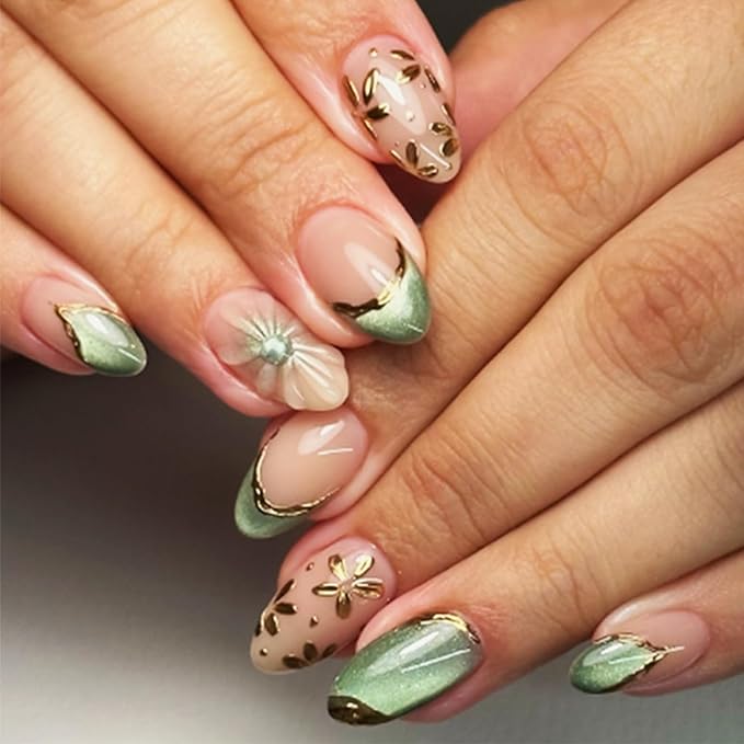 3D Flower Press on Nails Glossy Green Short Oval False Nail 24Pcs Gold Leaves Press ons Fingernails Curve Line Gel Glue on Acrylic Fake Nails French Tips Stick on Nail for Holiday Manicure Art