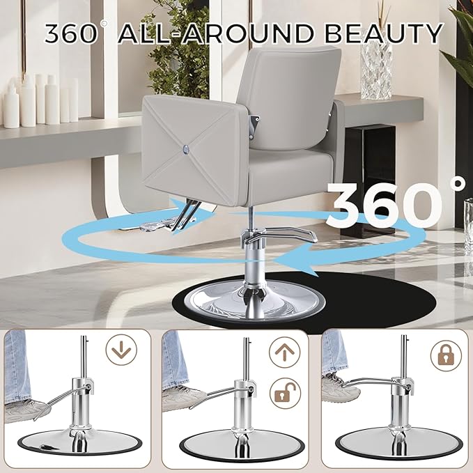 Barber Salon Chair for Hair Stylist with 350Lbs Heavy-Duty Hydraulic Pump, 360° Swivel Hair Styling Chair, Adjustable Height Hairdresser Braider Chairs for Beauty Salon, Tattoo, Spa, Light Gray