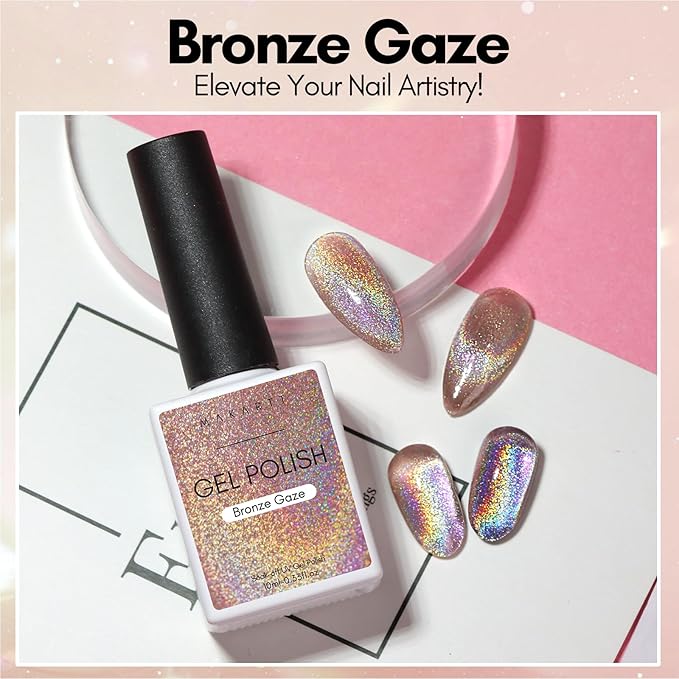 Makartt Cat Eye Gel Nail Polish: Universal Rainbow Holographic Gel Polish Bronze Gaze Sparkly Glitter Unique Magnetic Effect Nail Gels for DIY Nail Art UV LED Soak Off Manicure 10ml