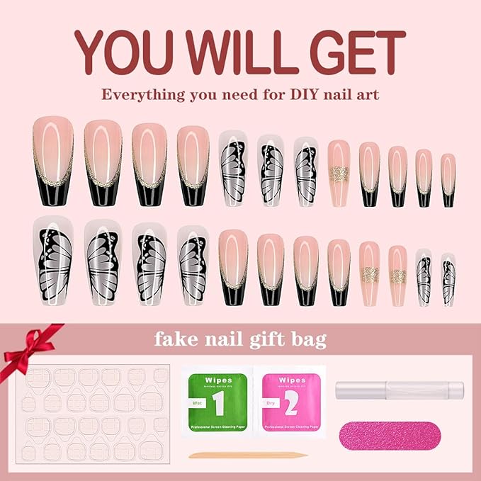 Yivaiks 24 Pcs Black French Tip Press on Nails Long Coffin Nails,Fake Nails with Nail Glue on Nails for Women,Ballerina Butterfly Sequin Acrylic Nails French Tip Nails