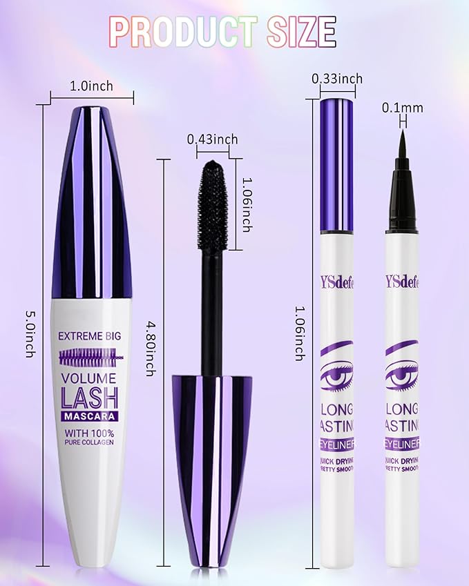 Purple Mascara Liquid Eyeliner Set, Update Longlasting Waterproof Color Eye Liner Pen, 5D Silk Fiber Colored Mascara Volume and Length, Christmas Party Stage Use Eye Makeup Gift Kit for Women Girl-05