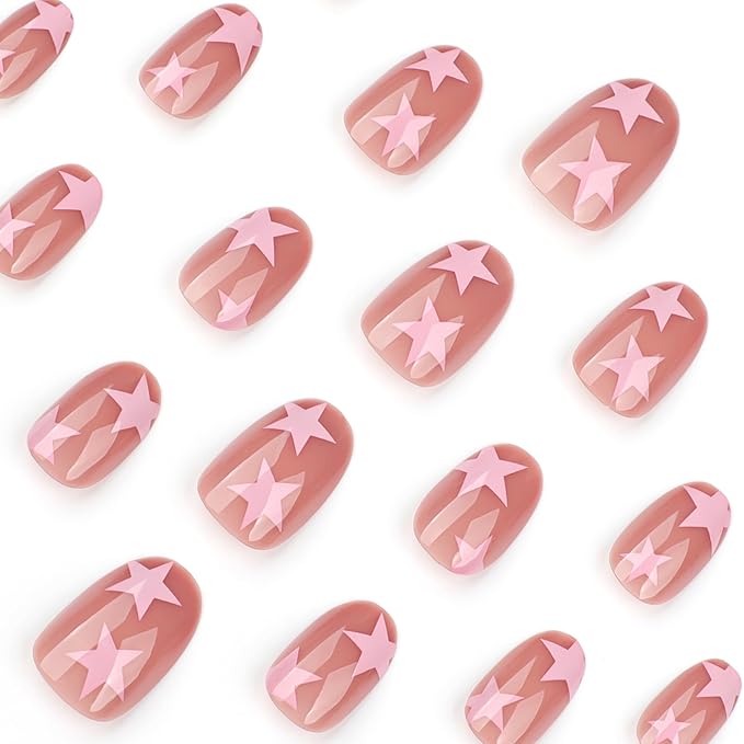 Press On Nails Spring Acrylic Nails for Women - Pink Star French Designer Fake Nails Short Almond 24PCS, Glossy Soft Gel with Glue, Outdoor Picnic/Wedding/Party Reusable Stick On Nails Gift
