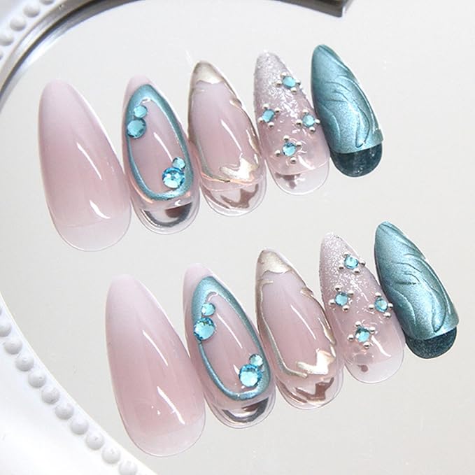 Hkanlre Blue Fake Nails Tips Bling Press on Nails Full Cover Medium Almond False Rhinestones Nails for Women 24PCS