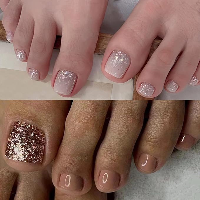 2 Packs 48Pcs Glitter Press on Toenails Short Square Fake Toe Nails Nude Glitter Design Acrylic False Toe Nails Full Cover, Glue Stick On Nails for Women's Manicure & Nail Art