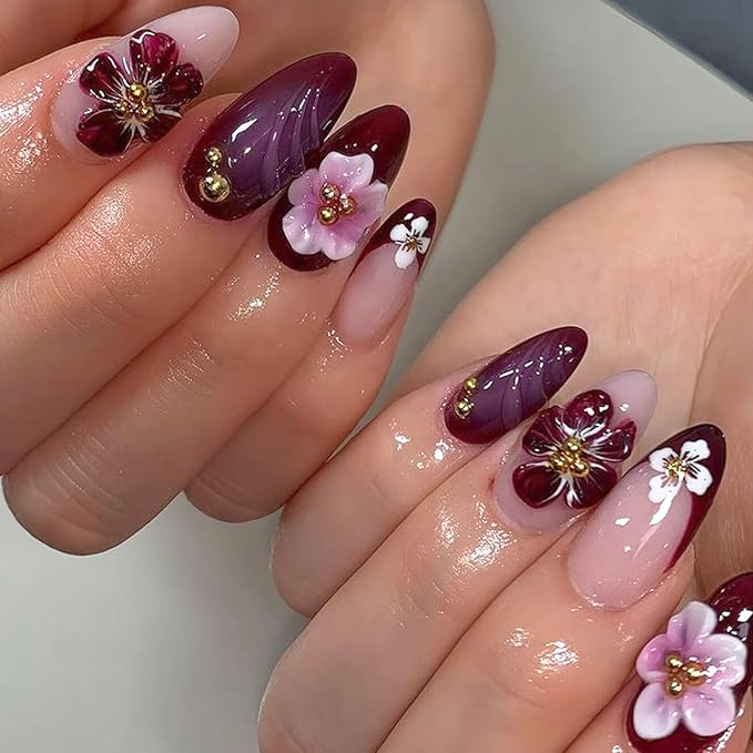 24Pcs Dark French Flower Press on Nails Almond Medium Fake Nails with 3D Pearl Charms Design French Nails Brown False Nails Full Cover Artificial Glue on Nails for Women DIY Manicure Daily Wear