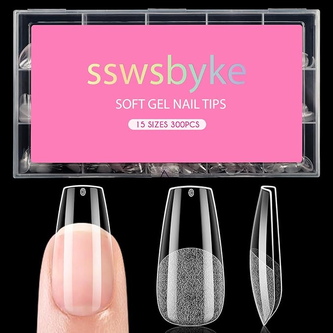 Medium Coffin Nail Tips, SSWSBYKE 300pcs Soft Gel Nail Tips for Full Cover Pre-Shaped Acrylic Fake Nails Tips 15 Sizes Half Matte Press On Nails for Extension Home DIY Salon