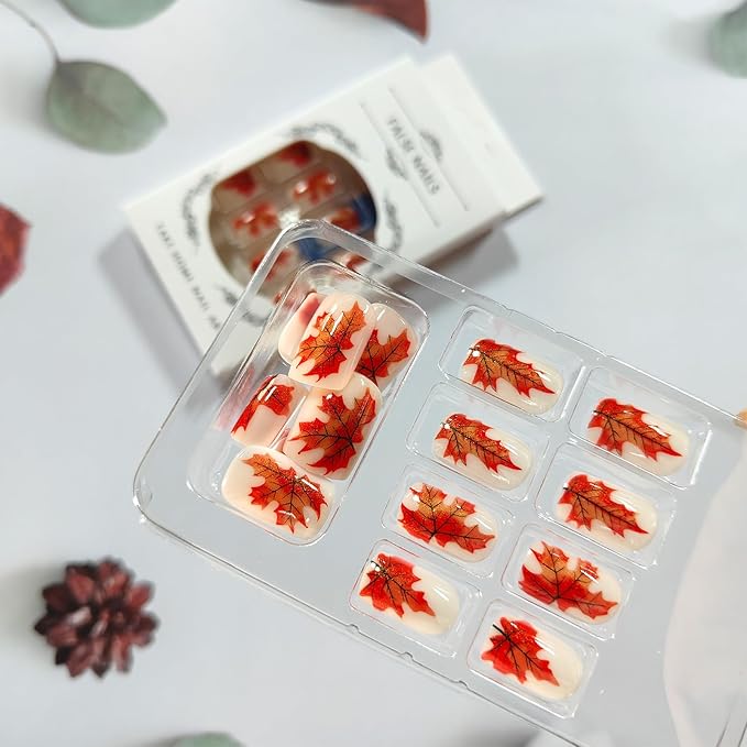Fall Press on Nails Medium Square Fake Nails with Glitter Maple Leaves Design Milky White Glossy Acrylic False Nails Autumn Leaf Stick on Nail Reusable Gel Glue on Nail for Women 24Pcs