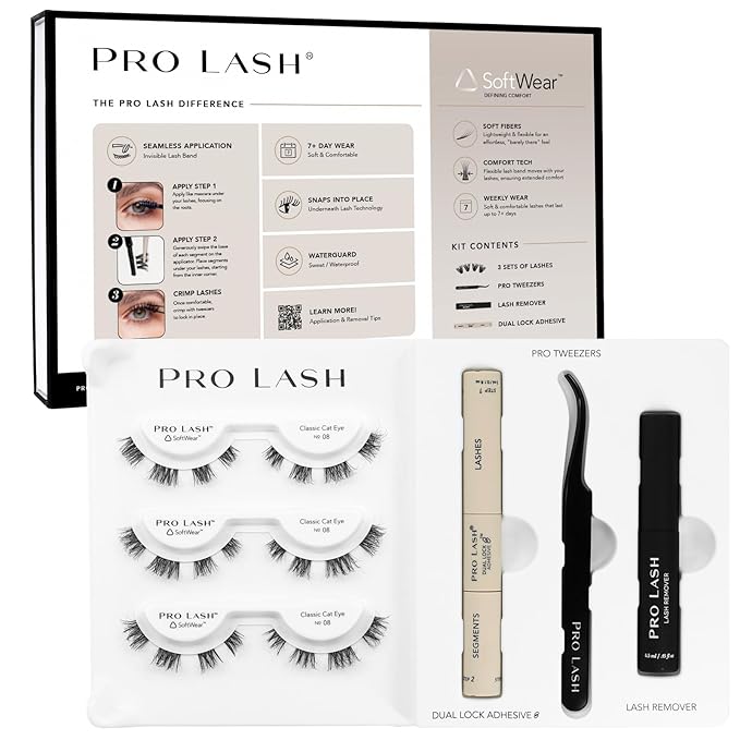 Pro Lash SoftWear Starter Lash Clusters Kit - Seamless, Lightweight Lashes - 7-Day Eyelash Extensions - 3 Sets of False Eyelashes Plus Adhesive, Remover, Tweezers - Classic Cat Eye No. 08 Black