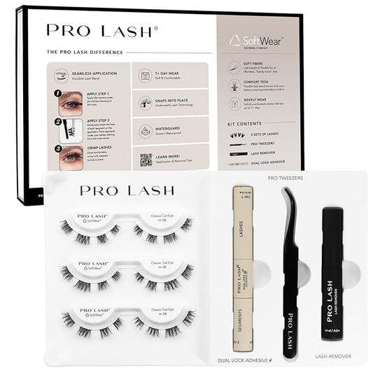 Pro Lash SoftWear Starter Lash Clusters Kit - Seamless, Lightweight Lashes - 7-Day Eyelash Extensions - 3 Sets of False Eyelashes Plus Adhesive, Remover, Tweezers - Classic Cat Eye No. 08 Black