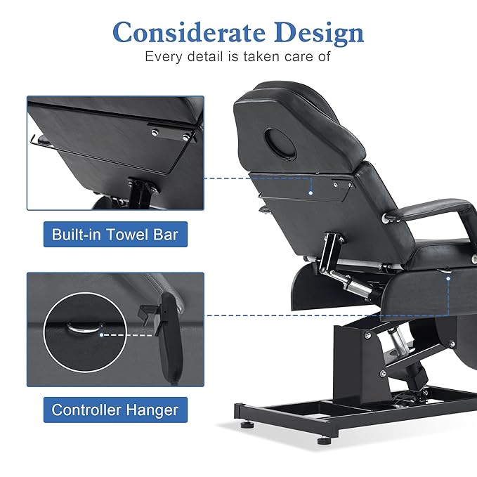 BarberPub Fully Electric Facial Bed with 3 Motor for Esthetician, Electric Tattoo Chair for Client, Facial Bed for Esthetician, Electric Adjustment 2751 (Black, Height (Flat): 27.5"–37")