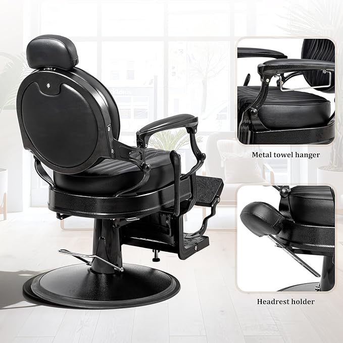 OmySalon Retro Barber Chair Heavy Duty, Aluminum Alloy Frame, Adjustable Headrest, Extra Wide Footrest, Hydraulic Salon Chair for Hair Stylist Reclining All Purpose for Beauty Spa Shampoo, All Black
