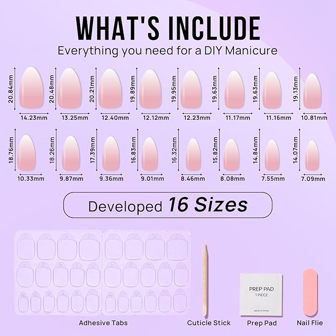 Almond Press On Nails Medium - BTArtbox Soft Gel Ombre Fake Nails with Nail Glue, Semi-Transparent Reusable Glue On Nails in 16 Sizes - 32PCS Stick On Nails Kit, Vanilla Cream Almond