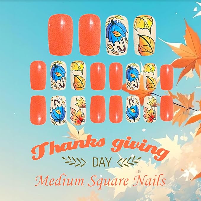 24Pcs Glossy Blue Umbrella Acrylic Fake Nail Maple Leaf Press on Nails Thanksgiving Medium Square False Nails Fall Leaves Stick on Fingernails Autumn Gel Glue on Nail for Coquette Women Girls