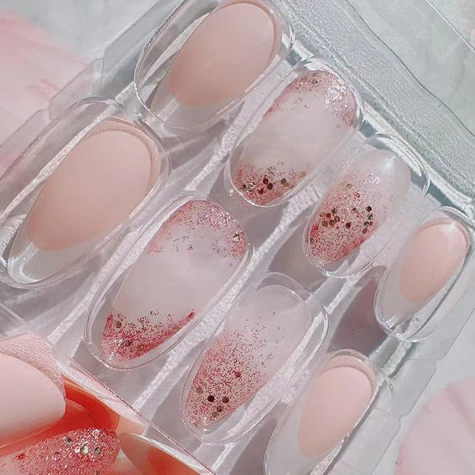 French Tip Press on Nails Medium Length Square - French Manicure Press on Nails Starry Sky Sparkly Design,False Nails high-end feeling Flashing pink Glossy Reusable Stick on Nails Medium French Nails