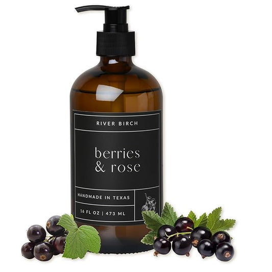 River Birch Berries & Rose Scented Natural Hand Soap - Handmade Soap - Moisturizing Hand Wash with Amber Dispenser - Luxury Scented Hydrating Hand Soap - Vegan and Non Toxic - 16 Fl Oz