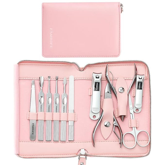 FAMILIFE Manicure Set Professional Manicure Kit Nail Kit - 11PCS Gifts for Her Nail Clippers for Women Stainless Steel Pedicure Sets Pink Leather Case