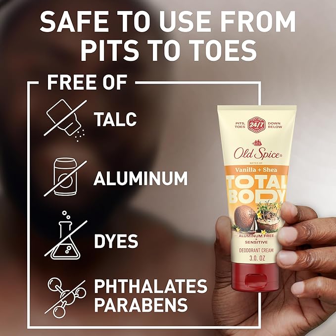 Old Spice Whole Body Deodorant for Men, Total Body Deodorant, Vanilla + Shea, Aluminum Free Deodorant Cream for 24/7 Freshness // Dermatologist Tested Whole Body Deodorant, 3.0 oz