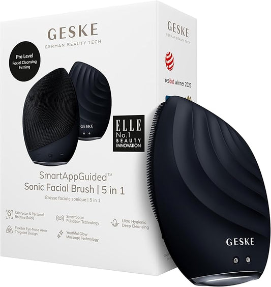 GESKE SmartAppGuided Sonic Facial Brush 5 in 1 | Vibrating Electric Cleansing Brush | Soft Silicone | Professional Cleanser | Skin Exfoliator | Face Massager