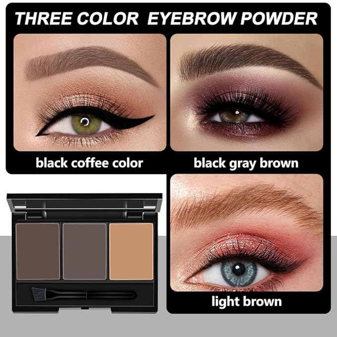 Eyebrow Powder Dark Light Brown Grey Kit,Eye Brow Powder for Women with Brow Brush,Long-Lasting Waterproof Three Colors Brow Filler Get Full Defined Natural Brows,Brown Eyebrow Powder Makeup