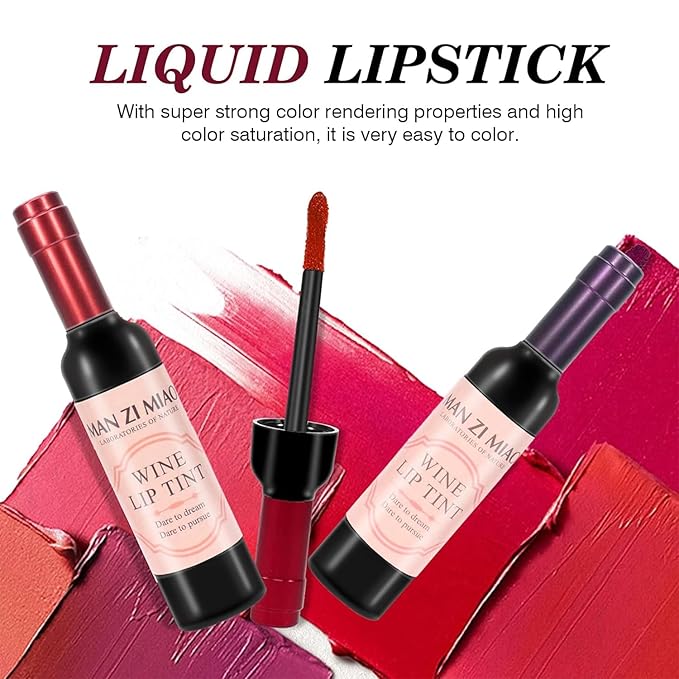 Wine Lip Tint 6 Colors Bottle Lip Gloss Set Matte & Glossy Finish Lipstick Lip Gloss Moisturizing Long-Lasting Wine Lipstick Collection Non-Sticky Hydrating Lip Makeup Kit for Women Gift Idea