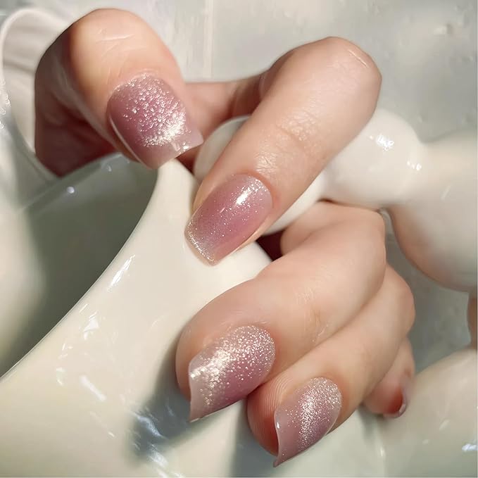 30Pcs Mauve Plum Cat Eye Press On Nails Short Square | French Fake Nails with Glue, File & Tools | Reusable Soft-Fit Nail Tips in 12 Sizes for Women
