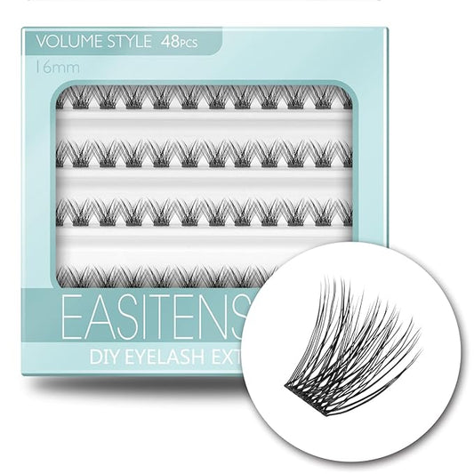 DIY Eyelash Extension, 3D Effect Glue Bonded Band Individual Lash 48 Clusters Volume Lashes Set, Home Eyelash Extension, C curl Lashes Pack 16MM-Volume-48 Clusters