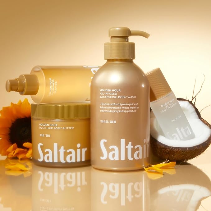 Saltair Body Wash, Golden Hour 2-Pack. Moisturizing Body Cleanser with Hydrating Ingredients. Luxury Shower Gel for Women and Men. Vegan, Cruelty-Free, Paraben-Free. 2x 17oz Pump Bottles